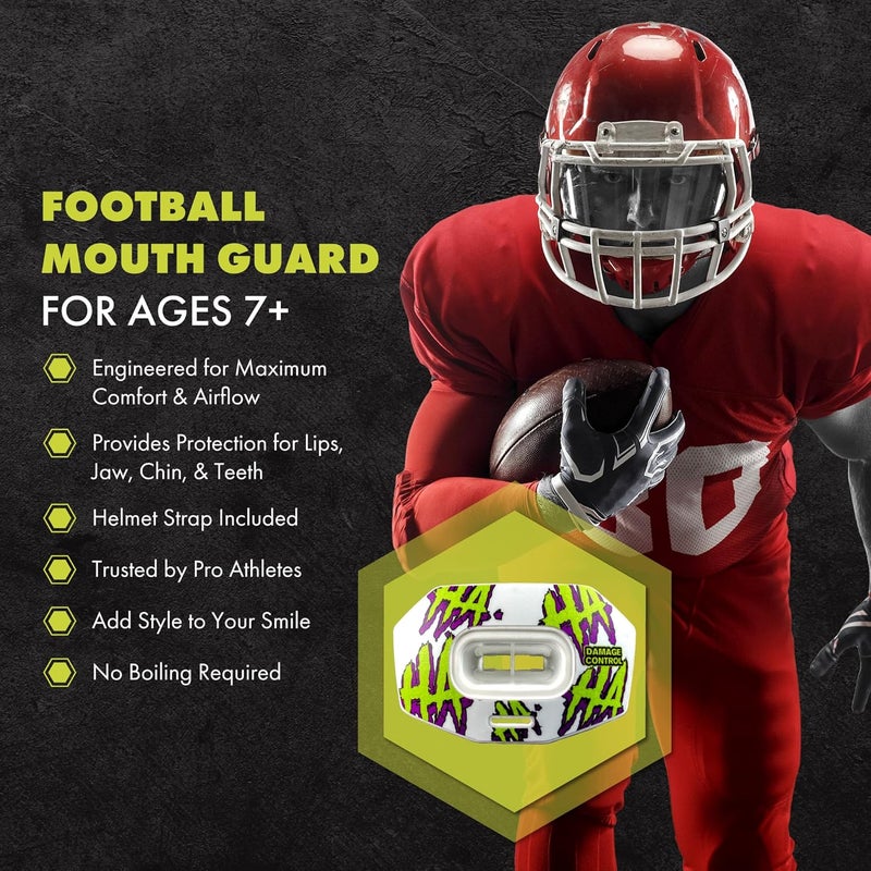 DAMAGE CONTROL Youth Football Mouth Guard – Breathable No Boil Mouthpiece, Protects Lips & Teeth, Works with Braces, Includes Helmet Strap – Sports Gear & Accessories (HA HA HA) - Image 2